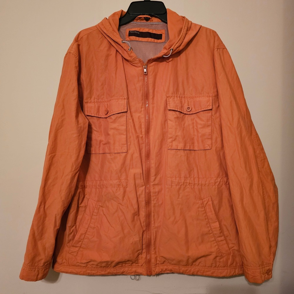 Perry Ellis Mens Orange Hooded Windbreaker Full Zip Mesh Lined Jacket XL